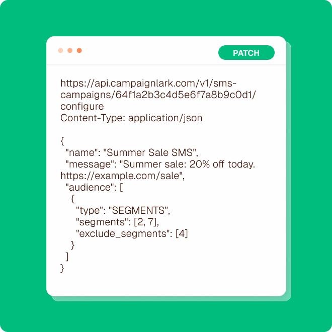 SMS API documentation showing PATCH request
